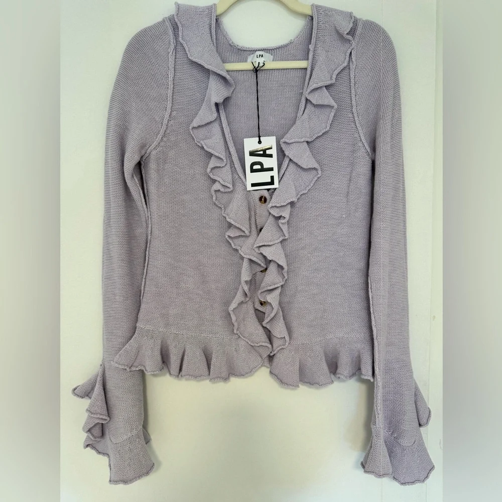 🆕 LPA RUFFLE COTTON/ SILK CARDIGAN- LILAC- SIZE L- UNWORN W/ TAGS - Picture 1 of 5